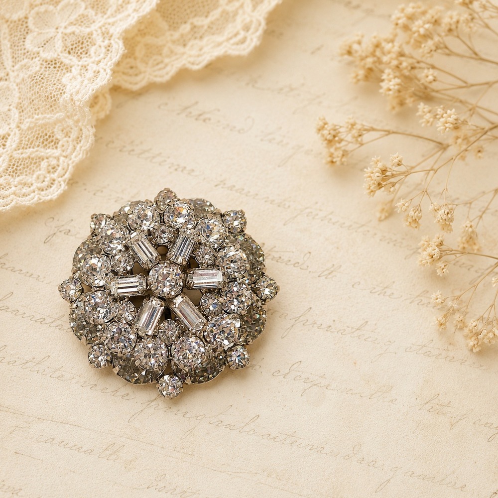 Weiss Clear Rhinestone Brooch Silver Tone Round Cluster Vintage Glam OS‎